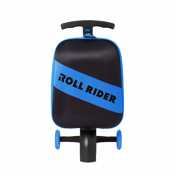 A blue and black Roll Rider kids ride on scooter suitcase with light-up wheels and a folded handle.