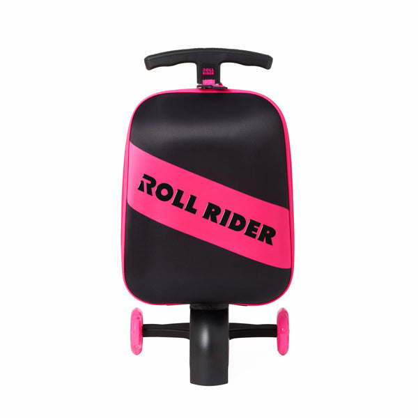 A pink and black Roll Rider kids ride-on scooter suitcase with light-up wheels, displayed against a white background.