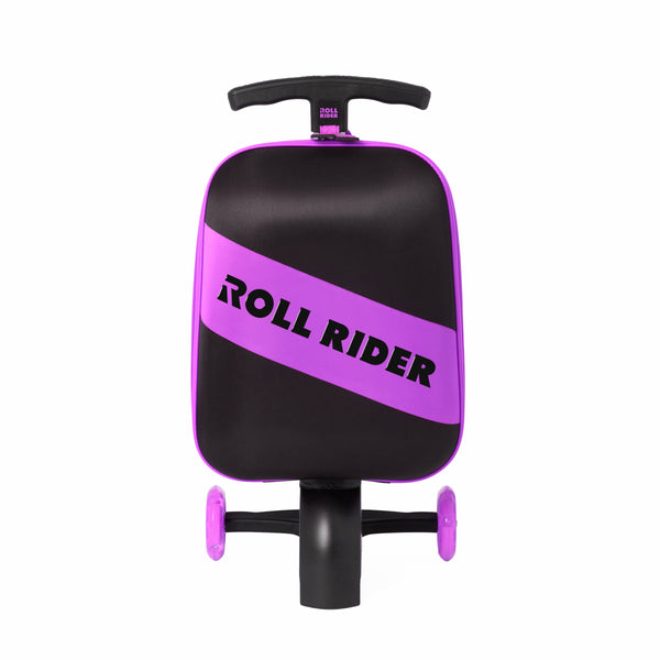 A purple and black Roll Rider kids ride on scooter suitcase with light-up wheels, displayed on a white background.