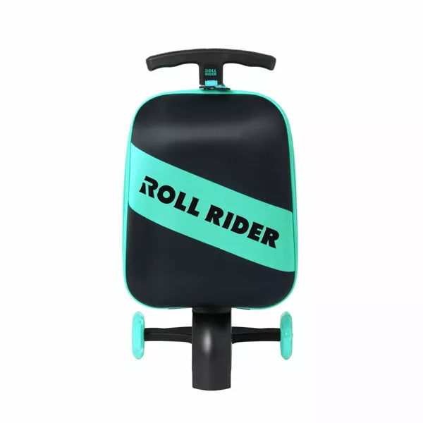 A black and green Roll Rider kids ride on scooter suitcase with light-up wheels, displayed against a white background.
