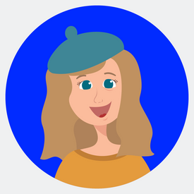 Illustrated headshot of a young girl with light skin and light brown hair wearing a teal beret and an orange shirt. 