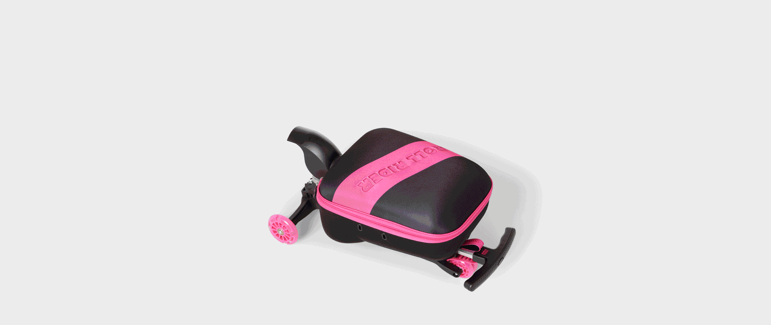Children’s items (story books, stuffed animal, and more) appear in a pink Roll Rider scooter suitcase on a white background.