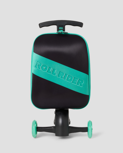 Front side of a black and green Roll Rider scooter suitcase with the handle down on a white background. 