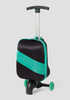  Front angle of a black and green Roll Rider scooter suitcase with the handle up on a white background. 