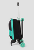 Left side angle of a black and green Roll Rider scooter suitcase with the handle up on a white background. 