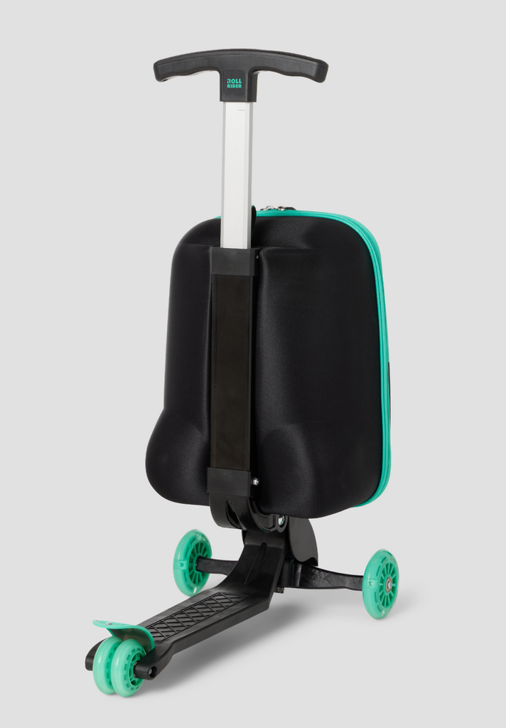Front angle of an unzipped black and green Roll Rider scooter suitcase with the handle up on a white background. 