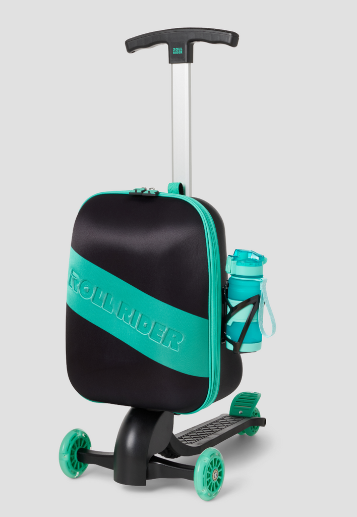 Rear angle of a black and green Roll Rider scooter suitcase with the handle up on a white background. 