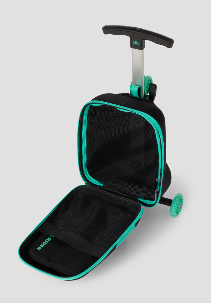 Black soft cover tablet case with green Roll Rider wordmark. 