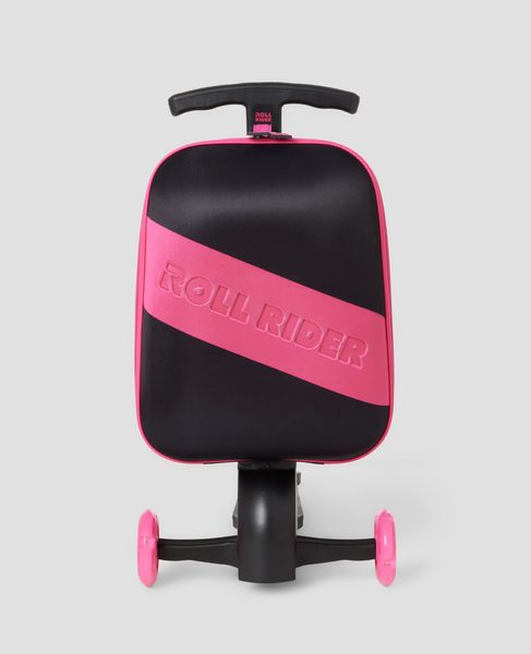Front side of a black and pink Roll Rider scooter suitcase with the handle down on a white background. 