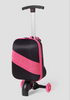 Front angle of a black and pink Roll Rider scooter suitcase with the handle up on a white background. 