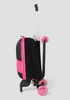 Left side angle of a black and pink Roll Rider scooter suitcase with the handle up on a white background. 