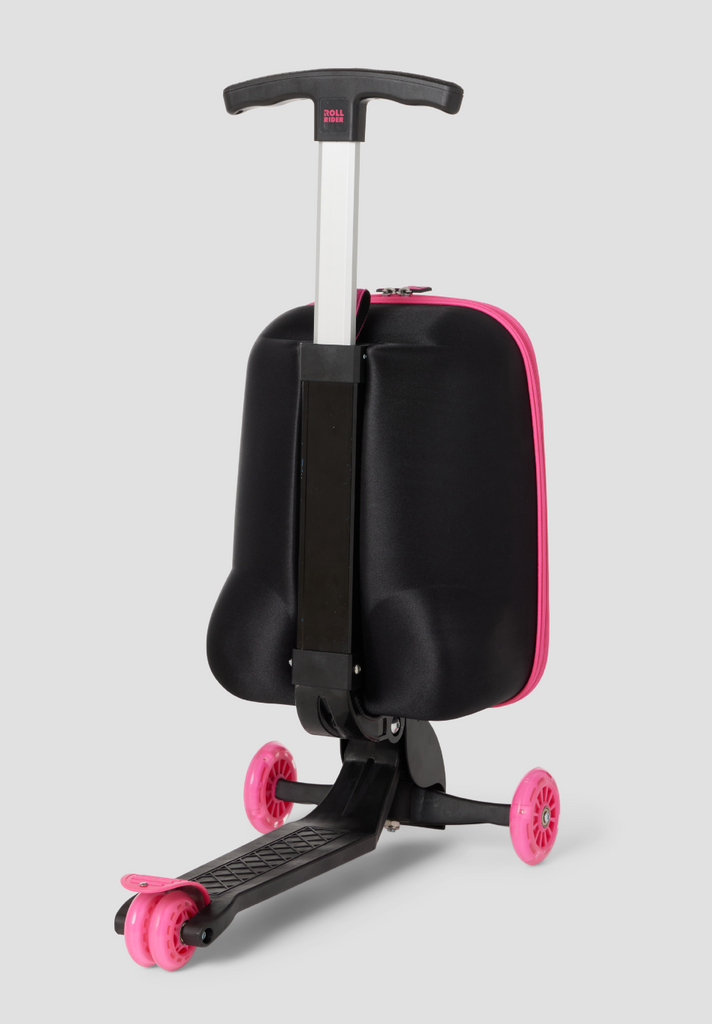 Rear angle of a black and pink Roll Rider scooter suitcase with the handle up on a white background. 