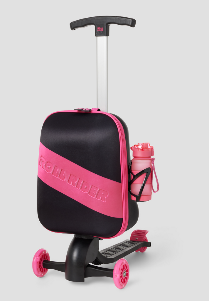  Front angle of a black and pink Roll Rider scooter suitcase with pink water bottle and holster on a white background. 