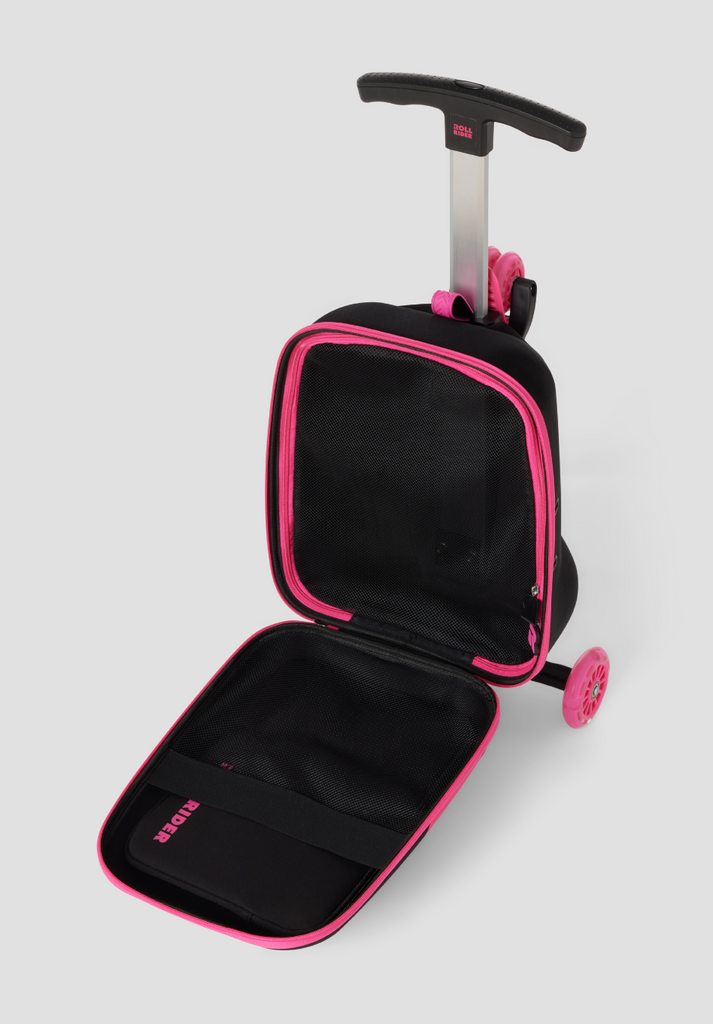 Front angle of an unzipped black and pink Roll Rider scooter suitcase with the handle up on a white background. 