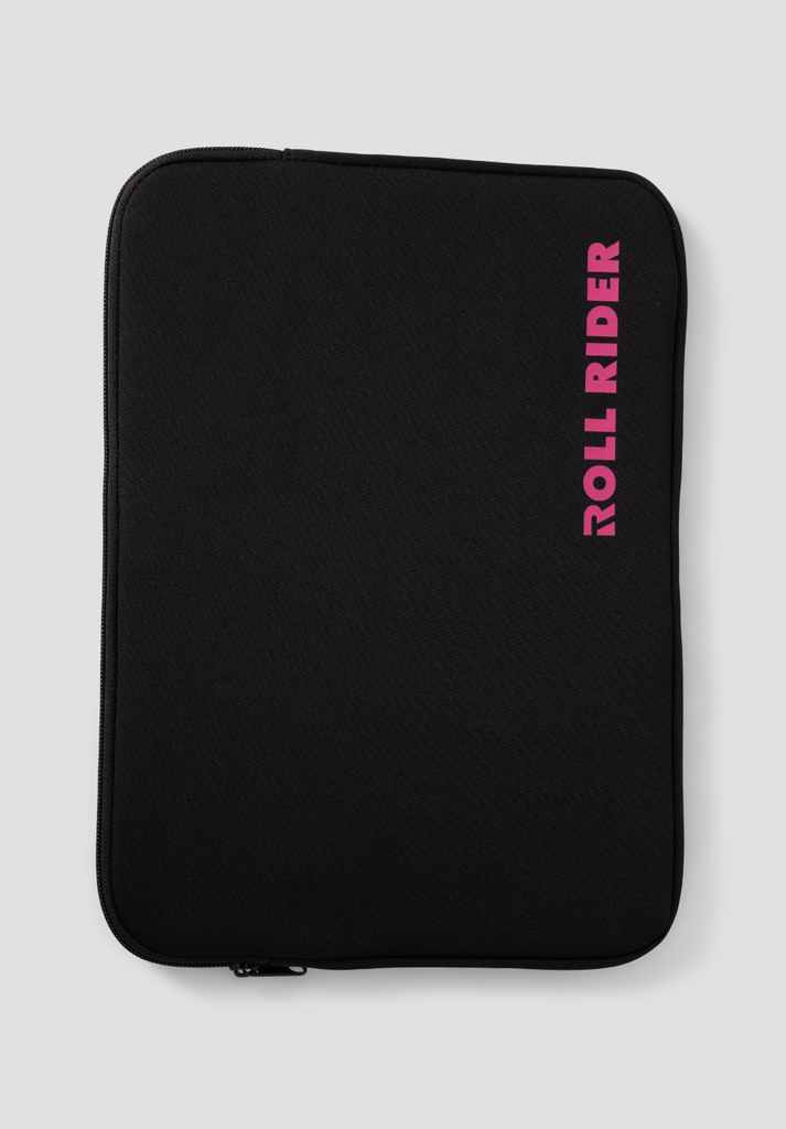 Black soft cover tablet case with pink Roll Rider wordmark