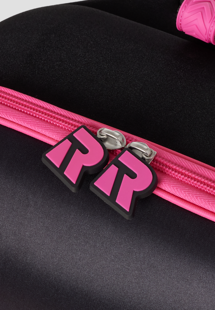 Black and pink “RR” (Roll Rider logo) zipper pull. 